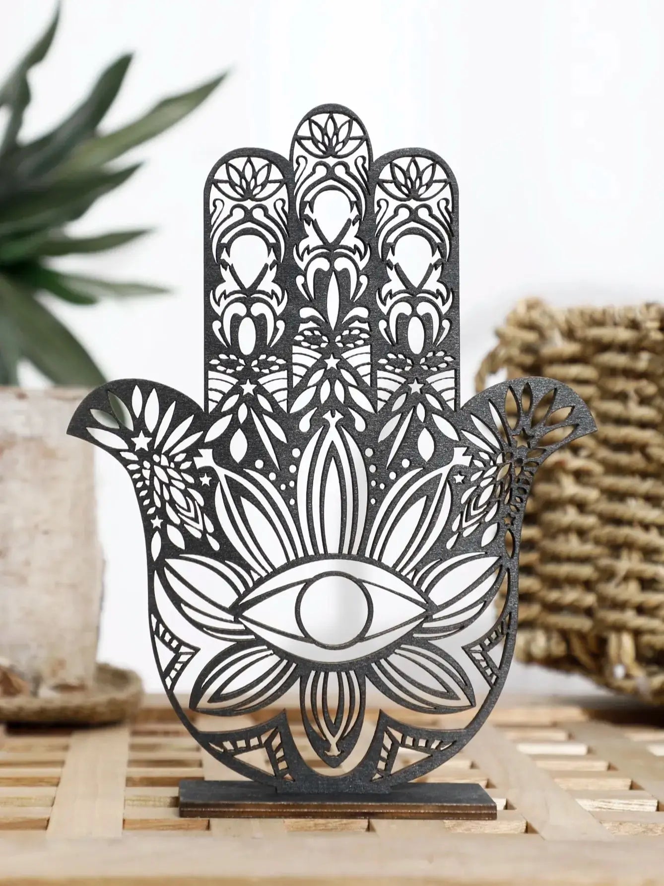 Hamsa Hand Evil Eye Desk Decor – Black Wooden Table Decoration | Aesthetic Room Accessories
