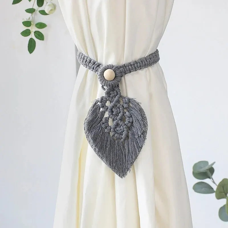 Handmade Boho Curtain Ties | Braided Cotton Rope Tassel Leaf Holdbacks
