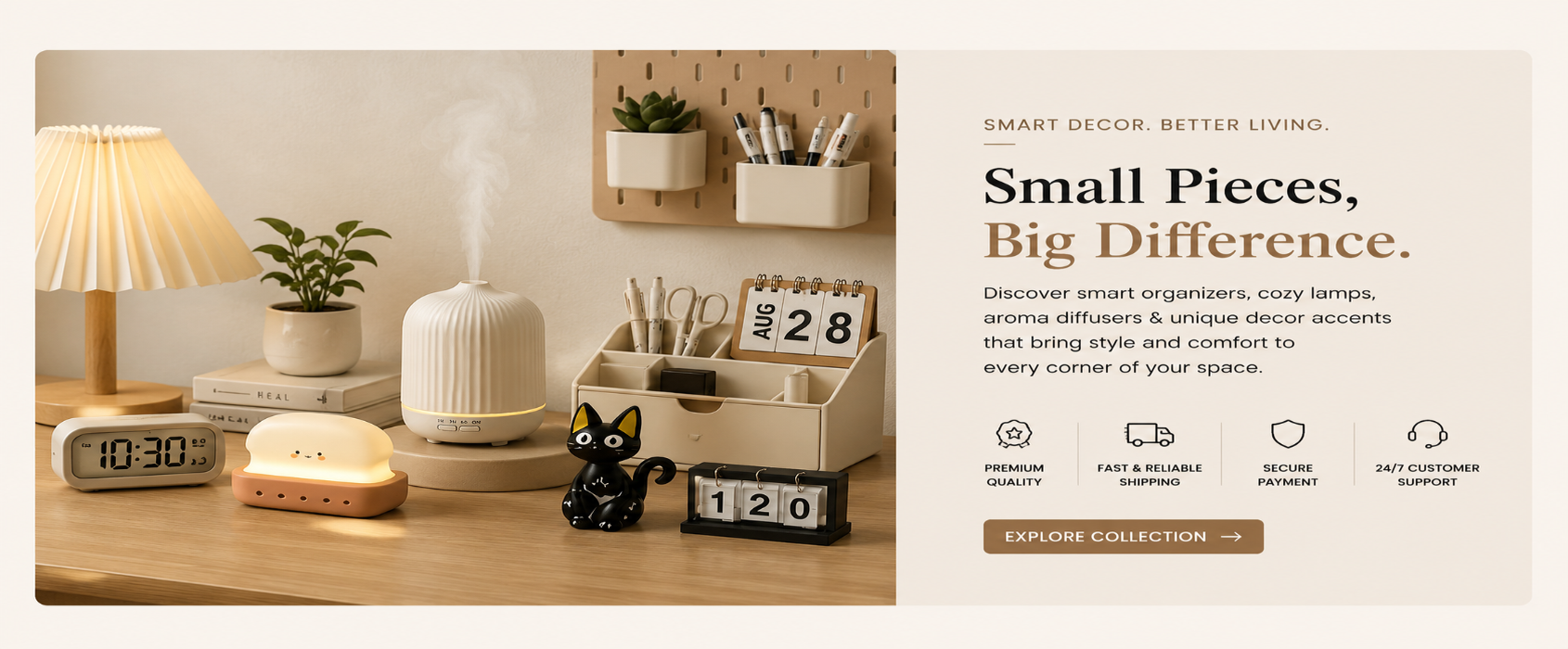 Smart decor items on a desk with a focus on small pieces making a big difference.