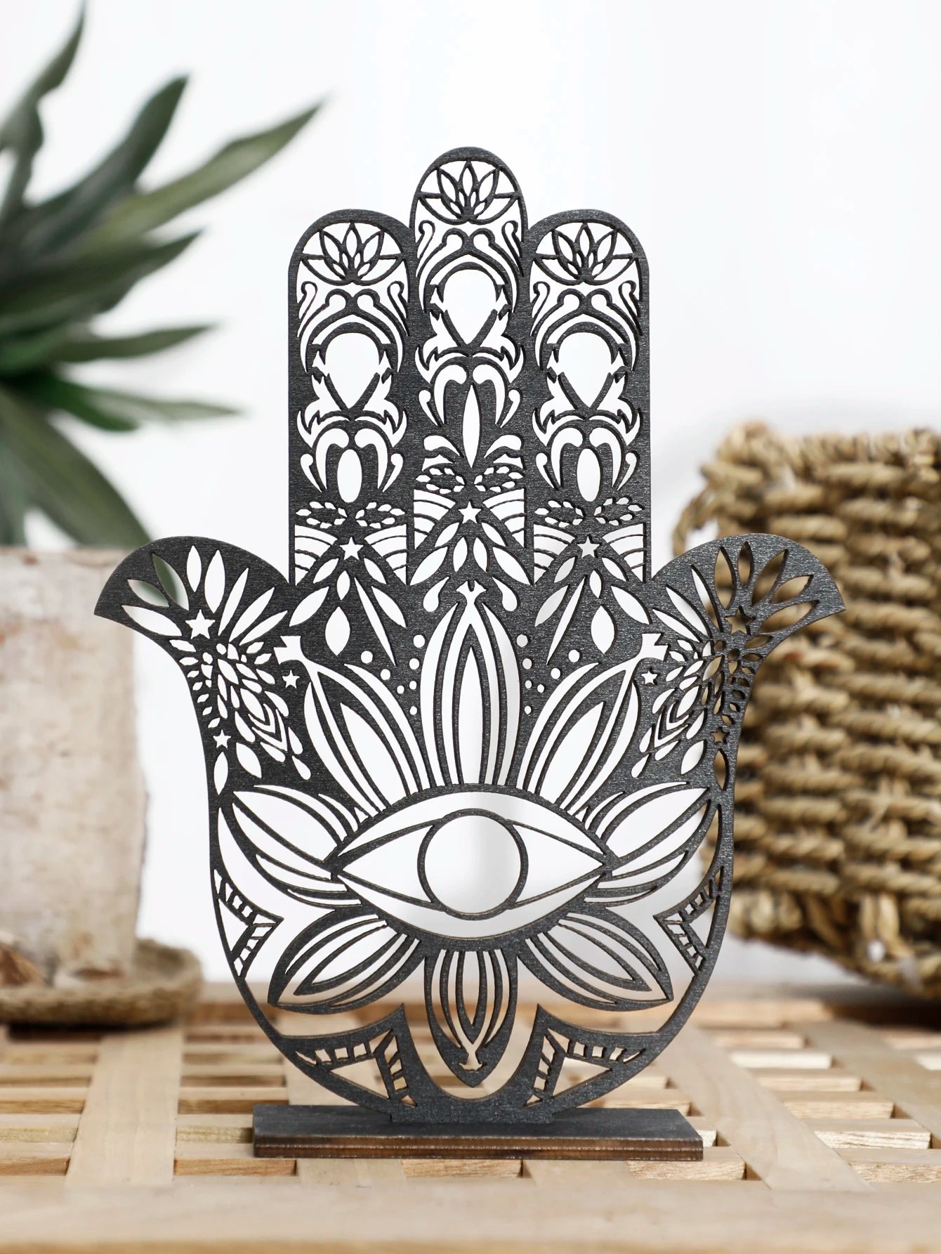 Hamsa Hand Evil Eye Desk Decor – Black Wooden Table Decoration | Aesthetic Room Accessories