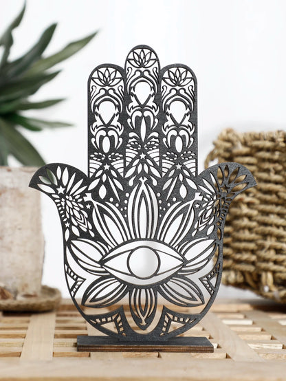 Hamsa Hand Evil Eye Desk Decor – Black Wooden Table Decoration | Aesthetic Room Accessories