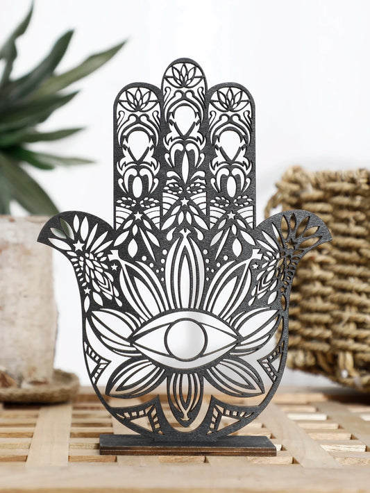 Hamsa Hand Evil Eye Desk Decor – Black Wooden Table Decoration | Aesthetic Room Accessories