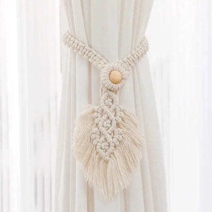 Handmade Boho Curtain Ties | Braided Cotton Rope Tassel Leaf Holdbacks