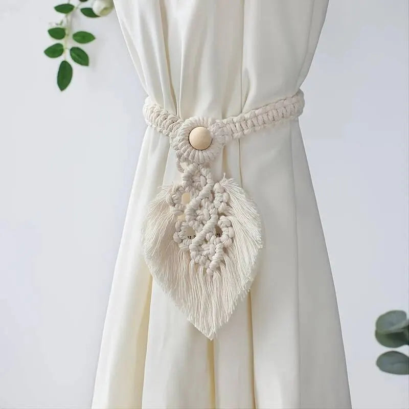 Handmade Boho Curtain Ties | Braided Cotton Rope Tassel Leaf Holdbacks