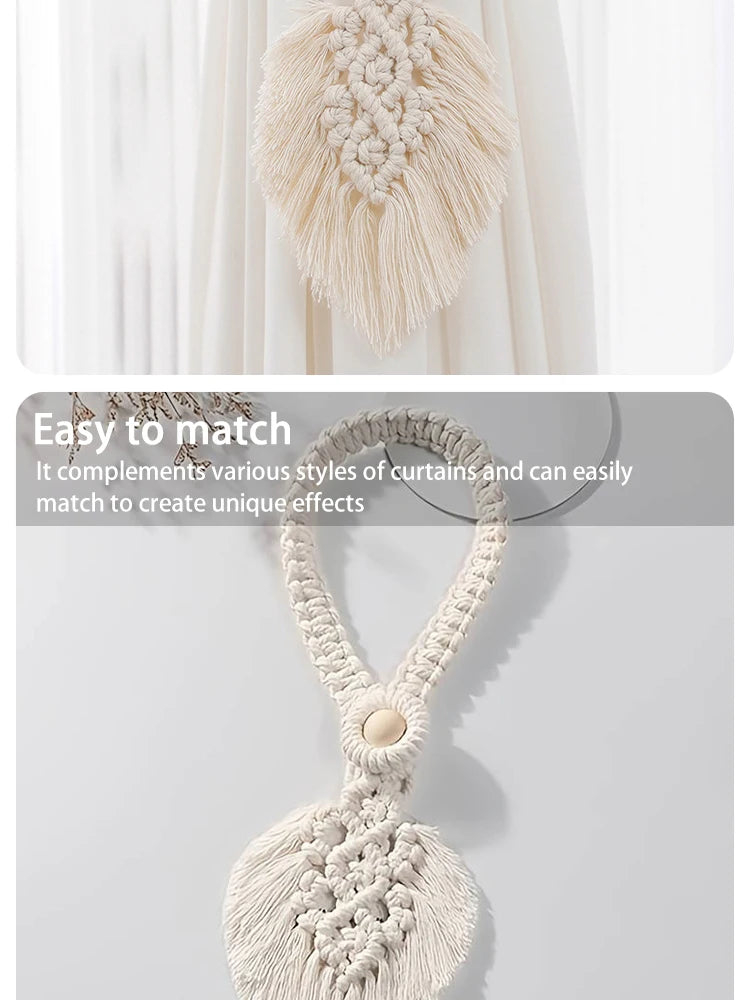 Handmade Boho Curtain Ties | Braided Cotton Rope Tassel Leaf Holdbacks