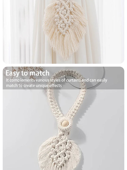 Handmade Boho Curtain Ties | Braided Cotton Rope Tassel Leaf Holdbacks