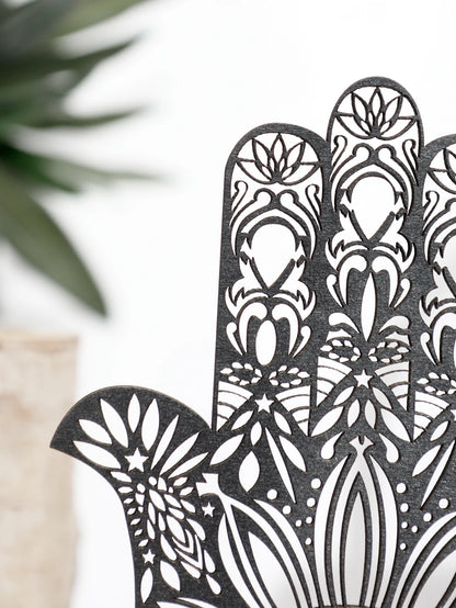 Hamsa Hand Evil Eye Desk Decor – Black Wooden Table Decoration | Aesthetic Room Accessories