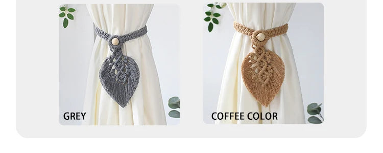 Handmade Boho Curtain Ties | Braided Cotton Rope Tassel Leaf Holdbacks