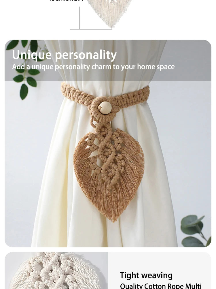 Handmade Boho Curtain Ties | Braided Cotton Rope Tassel Leaf Holdbacks
