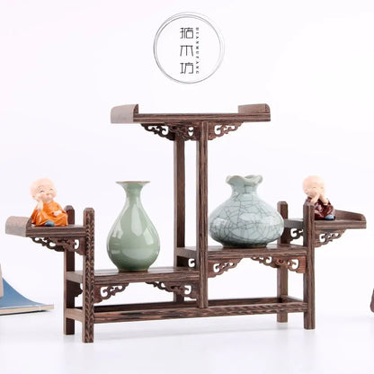 Retro Solid Wood Tea Set Display Rack | Storage & Organizer Stand