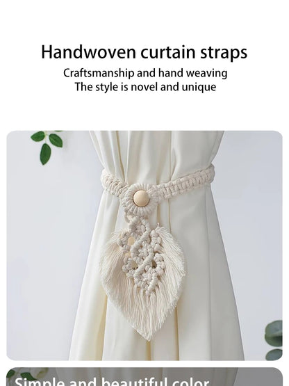 Handmade Boho Curtain Ties | Braided Cotton Rope Tassel Leaf Holdbacks