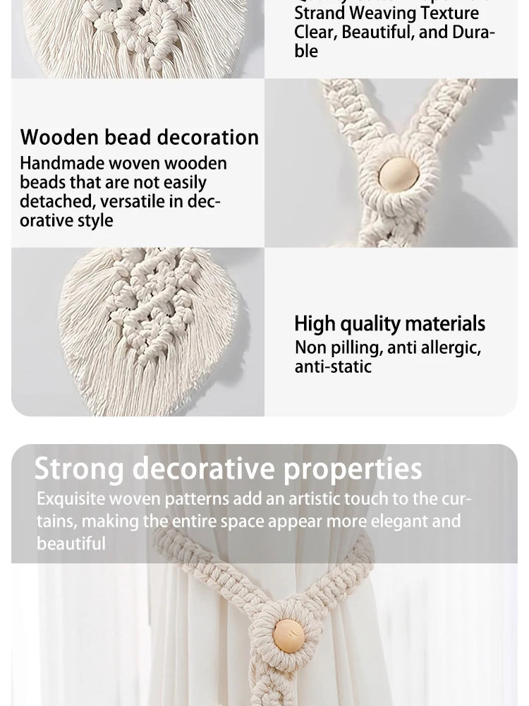 Handmade Boho Curtain Ties | Braided Cotton Rope Tassel Leaf Holdbacks