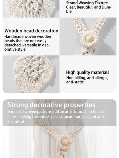 Handmade Boho Curtain Ties | Braided Cotton Rope Tassel Leaf Holdbacks