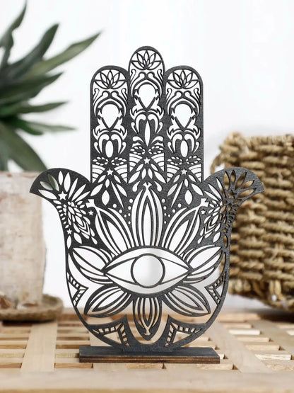 Hamsa Hand Evil Eye Desk Decor – Black Wooden Table Decoration | Aesthetic Room Accessories