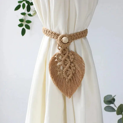 Handmade Boho Curtain Ties | Braided Cotton Rope Tassel Leaf Holdbacks