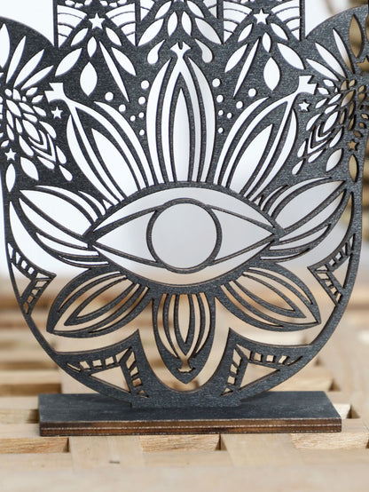 Hamsa Hand Evil Eye Desk Decor – Black Wooden Table Decoration | Aesthetic Room Accessories