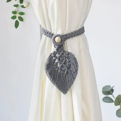 Handmade Boho Curtain Ties | Braided Cotton Rope Tassel Leaf Holdbacks