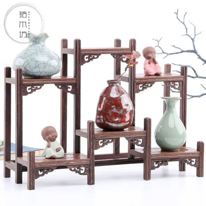 Retro Solid Wood Tea Set Display Rack | Storage & Organizer Stand