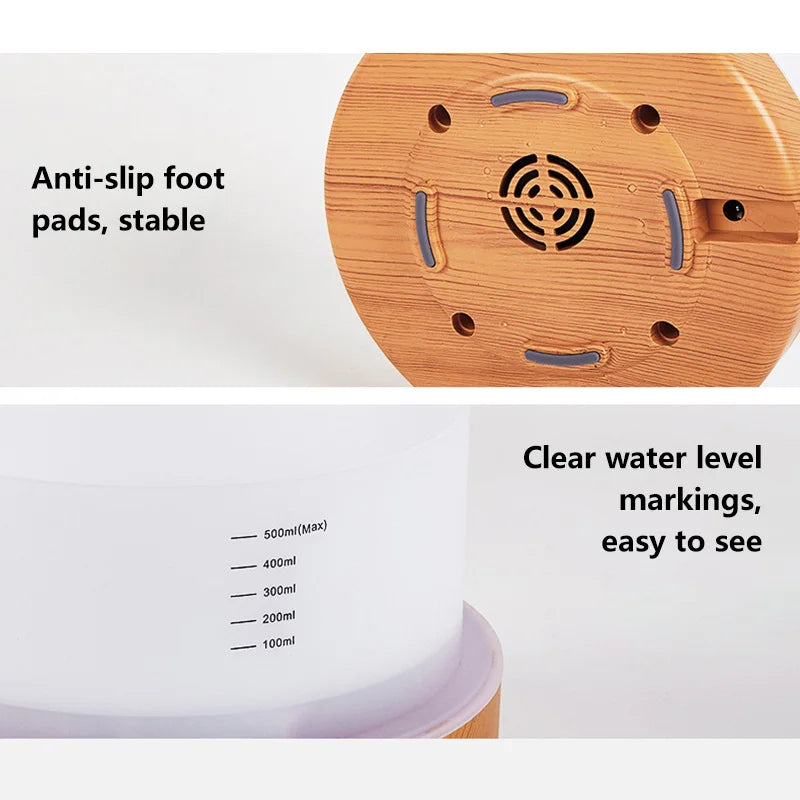 700ml Wood Grain Humidifier | Aromatherapy Diffuser with Colorful Night Light
