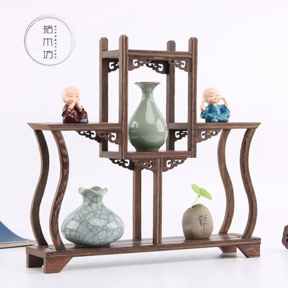 Retro Solid Wood Tea Set Display Rack | Storage & Organizer Stand