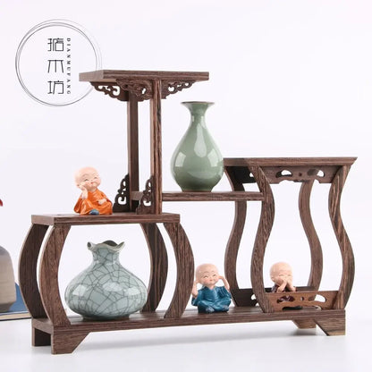 Retro Solid Wood Tea Set Display Rack | Storage & Organizer Stand