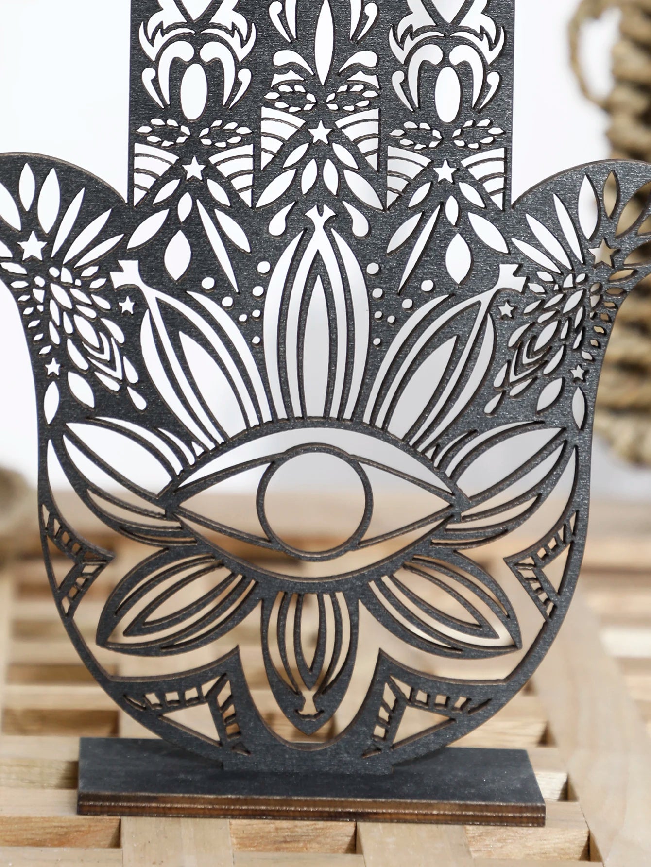 Hamsa Hand Evil Eye Desk Decor – Black Wooden Table Decoration | Aesthetic Room Accessories