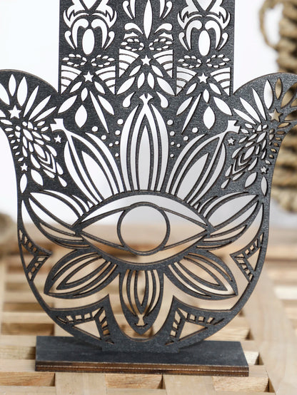 Hamsa Hand Evil Eye Desk Decor – Black Wooden Table Decoration | Aesthetic Room Accessories