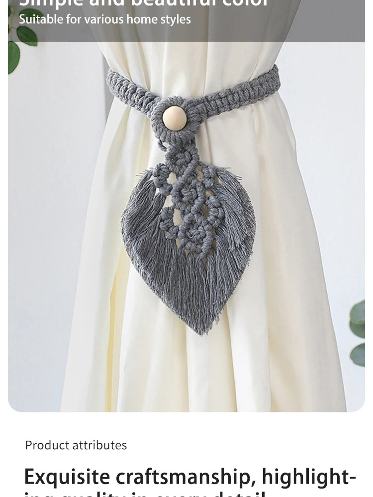 Handmade Boho Curtain Ties | Braided Cotton Rope Tassel Leaf Holdbacks