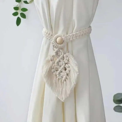 Handmade Boho Curtain Ties | Braided Cotton Rope Tassel Leaf Holdbacks